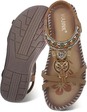 Walking Sandals Women Comfort Dressy Womens Flat Sandals Non Slip On Bohemian Summer Beach Shoes With Elastic Ankle Strap