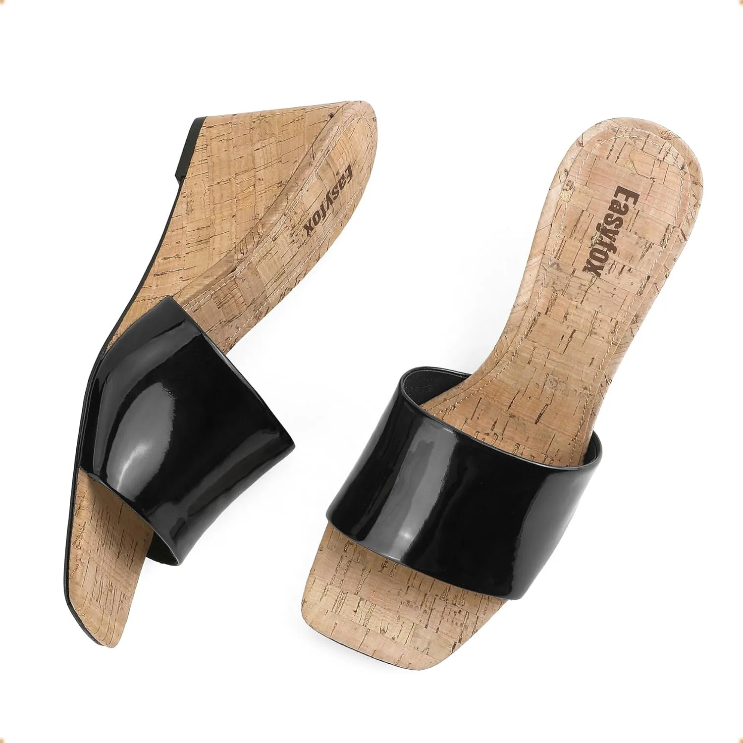 Wedge Sandals for Women Open Toe Wedge Heels Womens High Heel Sandal Square Toe Heeled Wedge Sandals Wood Grain Slip on Wedge Mules