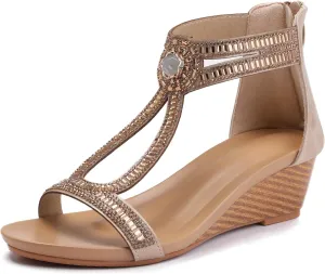 Wedge Sandals for Women Summer Open Toe Fashion Dress Shoes Sparkly Rhinestone Casual Ankle Strap Platform for Walking Beach Vacation Comfortable Dressy Sandals