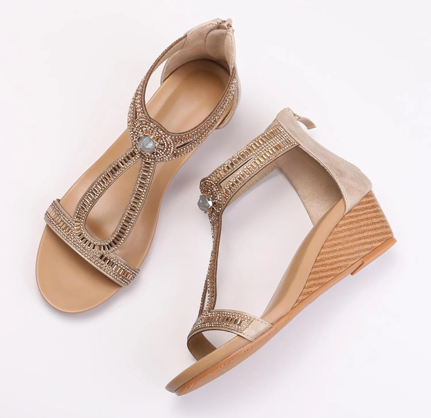 Wedge Sandals for Women Summer Open Toe Fashion Dress Shoes Sparkly Rhinestone Casual Ankle Strap Platform for Walking Beach Vacation Comfortable Dressy Sandals