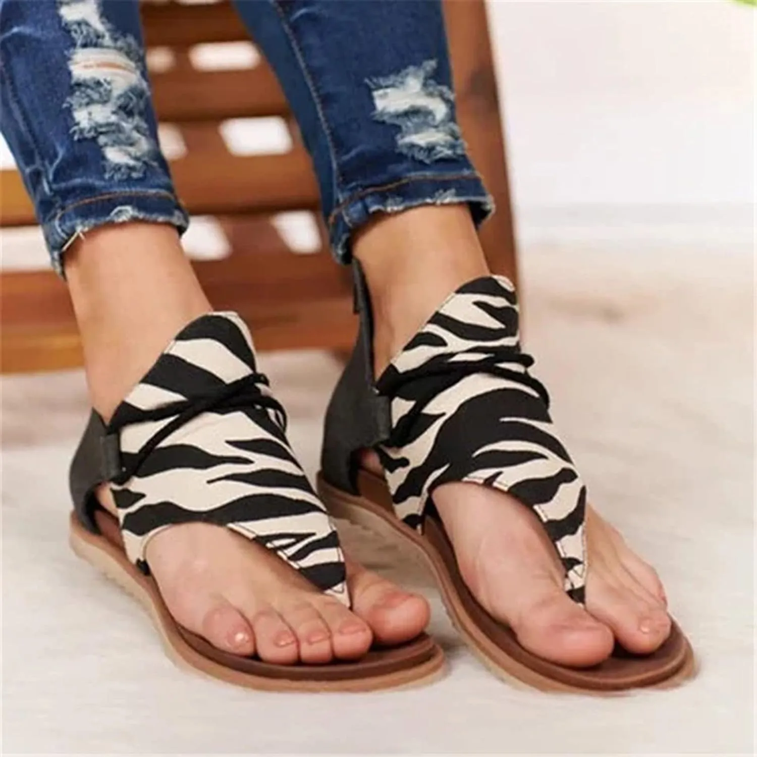 Woman Sandals Flip Flops Falt Flat Sandals for Women Dressy Summer Retro Cover Heel Casual Leopard Gladiator