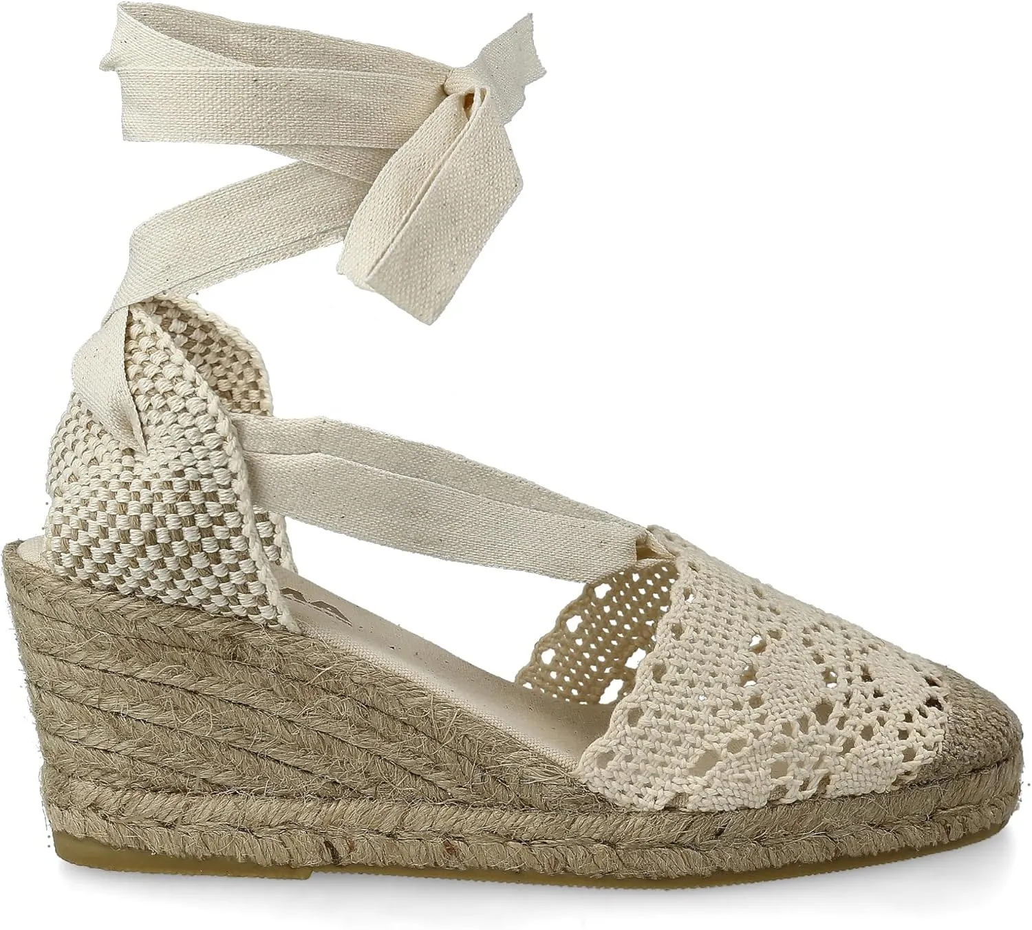 Women Medium Wedge Crochet Sandals. Made in Spain. Espadrilles with Medium Height. Ankle Lace Up. Padded Fabric Insole. Rubber Outsole.