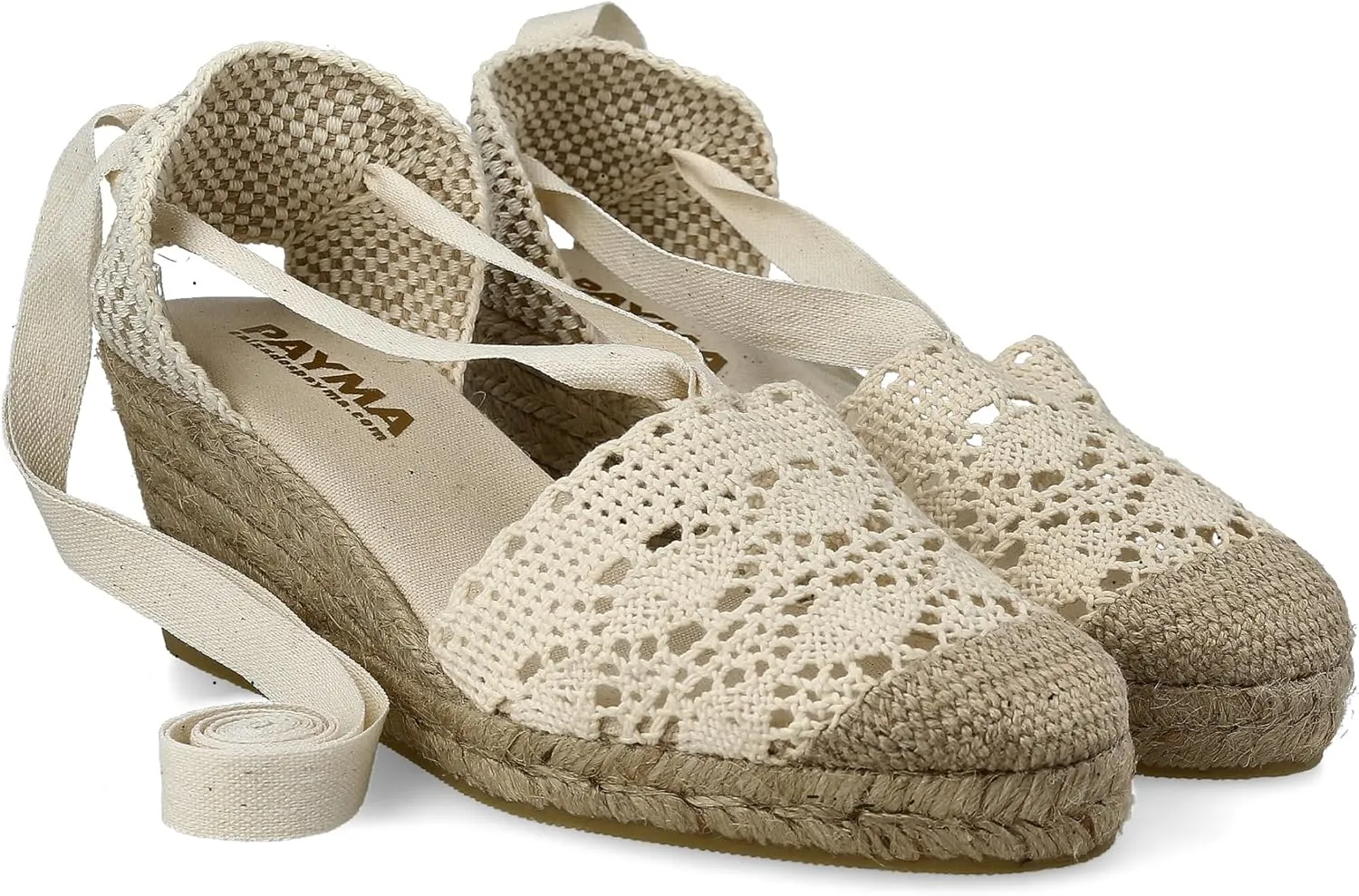 Women Medium Wedge Crochet Sandals. Made in Spain. Espadrilles with Medium Height. Ankle Lace Up. Padded Fabric Insole. Rubber Outsole.