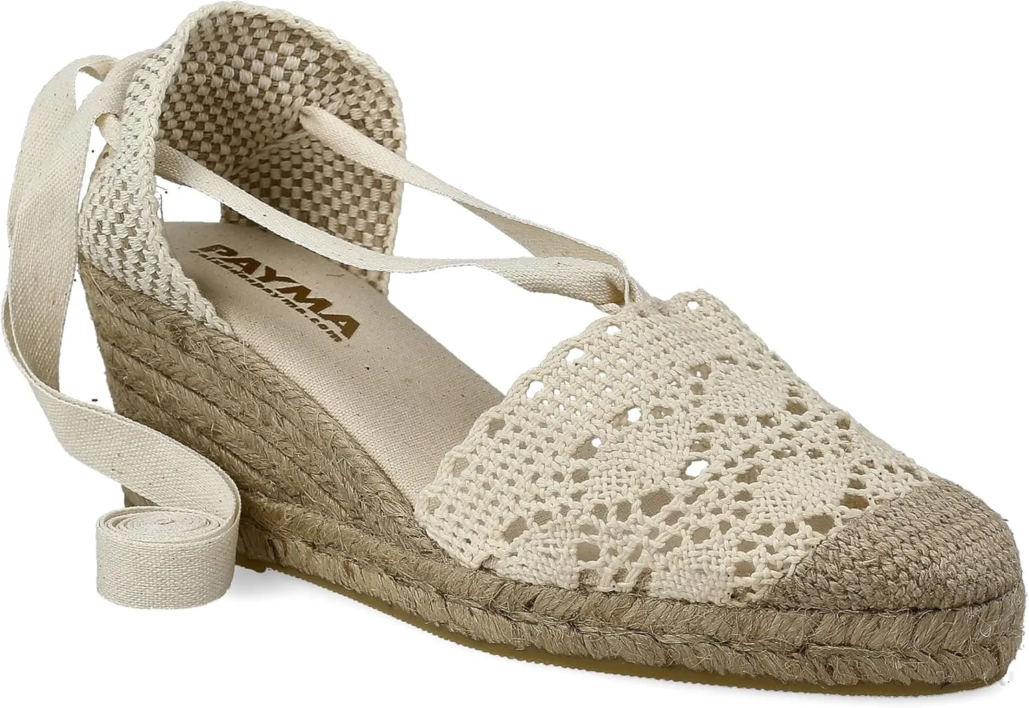 Women Medium Wedge Crochet Sandals. Made in Spain. Espadrilles with Medium Height. Ankle Lace Up. Padded Fabric Insole. Rubber Outsole.