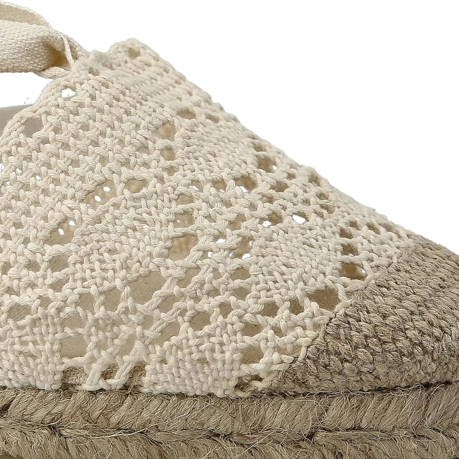 Women Medium Wedge Crochet Sandals. Made in Spain. Espadrilles with Medium Height. Ankle Lace Up. Padded Fabric Insole. Rubber Outsole.