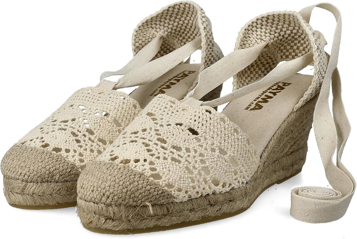 Women Medium Wedge Crochet Sandals. Made in Spain. Espadrilles with Medium Height. Ankle Lace Up. Padded Fabric Insole. Rubber Outsole.