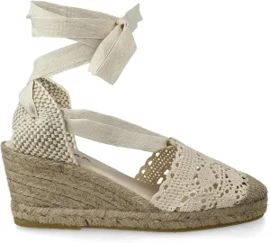 Women Medium Wedge Crochet Sandals. Made in Spain. Espadrilles with Medium Height. Ankle Lace Up. Padded Fabric Insole. Rubber Outsole.