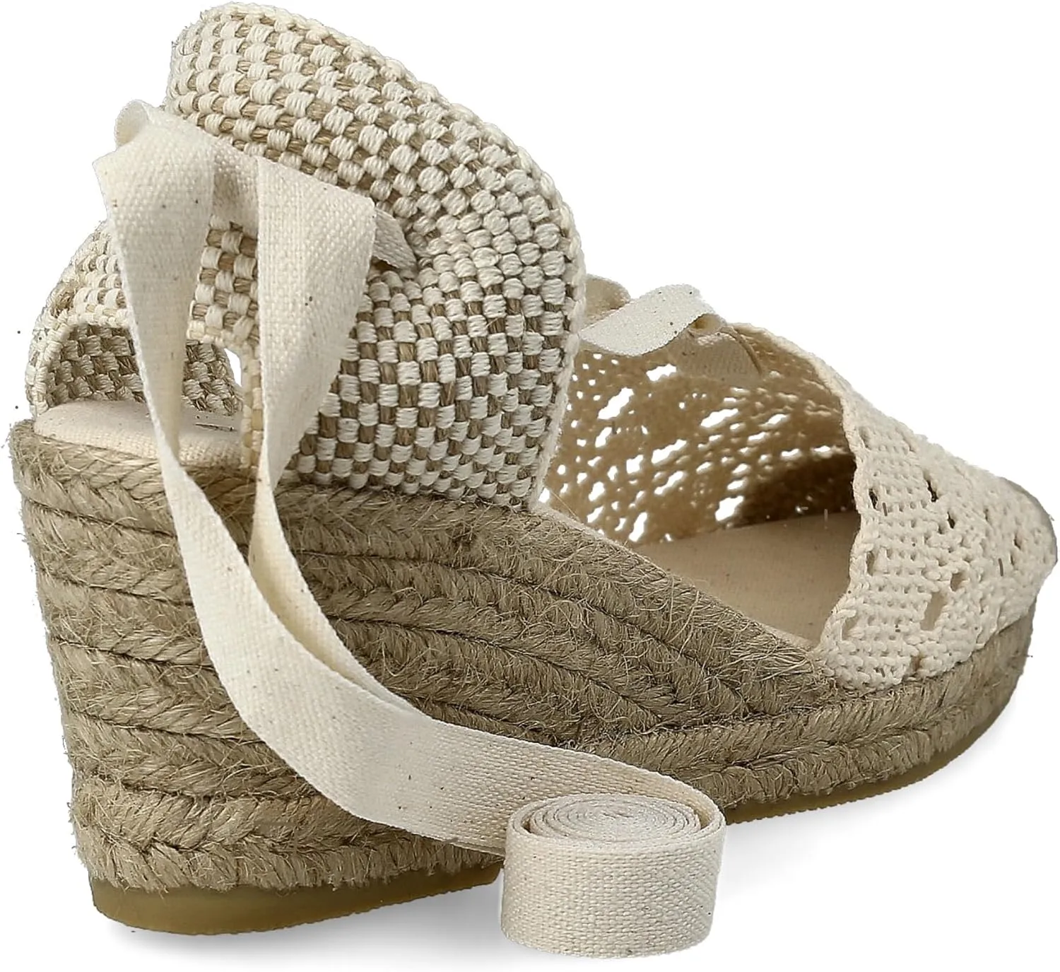 Women Medium Wedge Crochet Sandals. Made in Spain. Espadrilles with Medium Height. Ankle Lace Up. Padded Fabric Insole. Rubber Outsole.