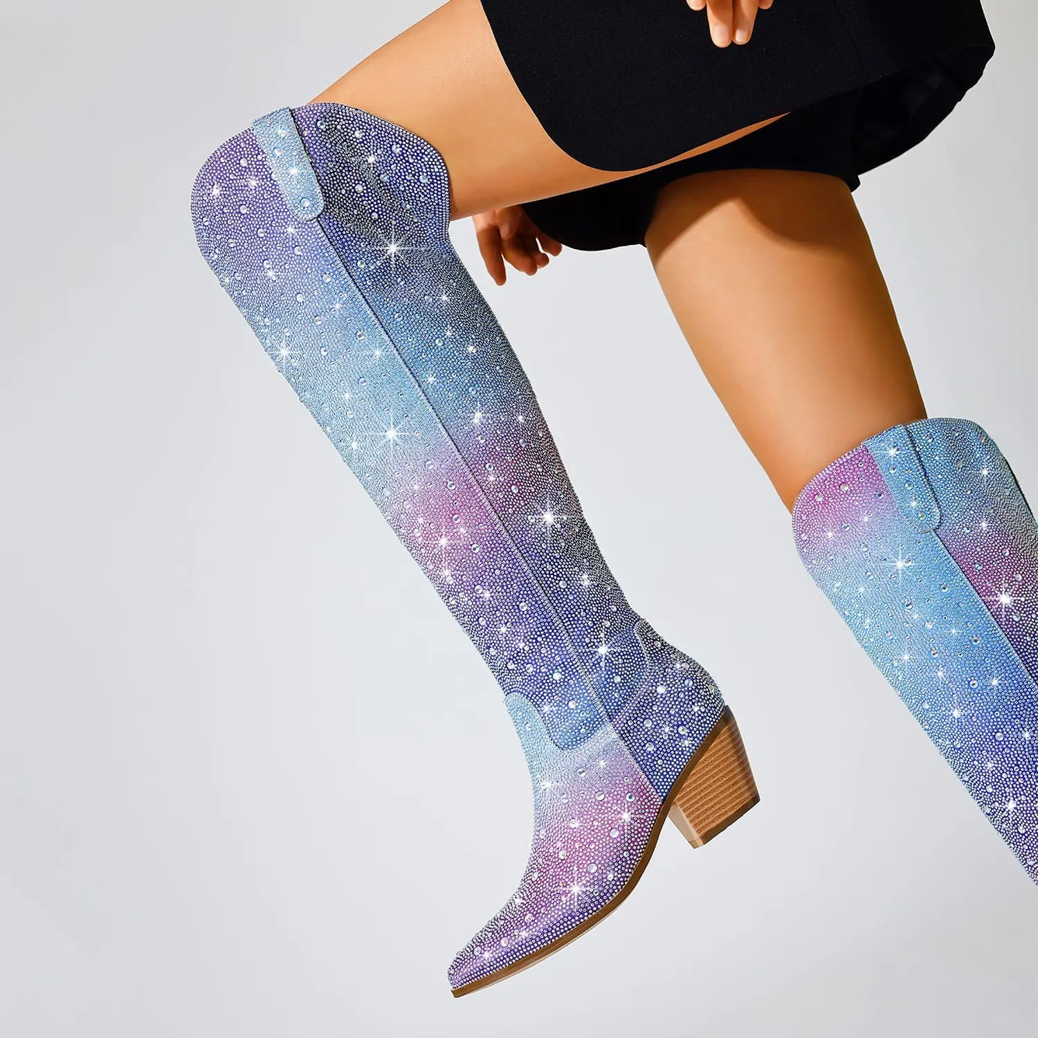 Women Rhinestone Over the Knee Cowboy Boots, Sparkly Bling Cowgirl Boots Western Thigh High Boots Pull-On Side Zippers Chunky Heel Pointed Toe Size5-12 For Fashion&Daily