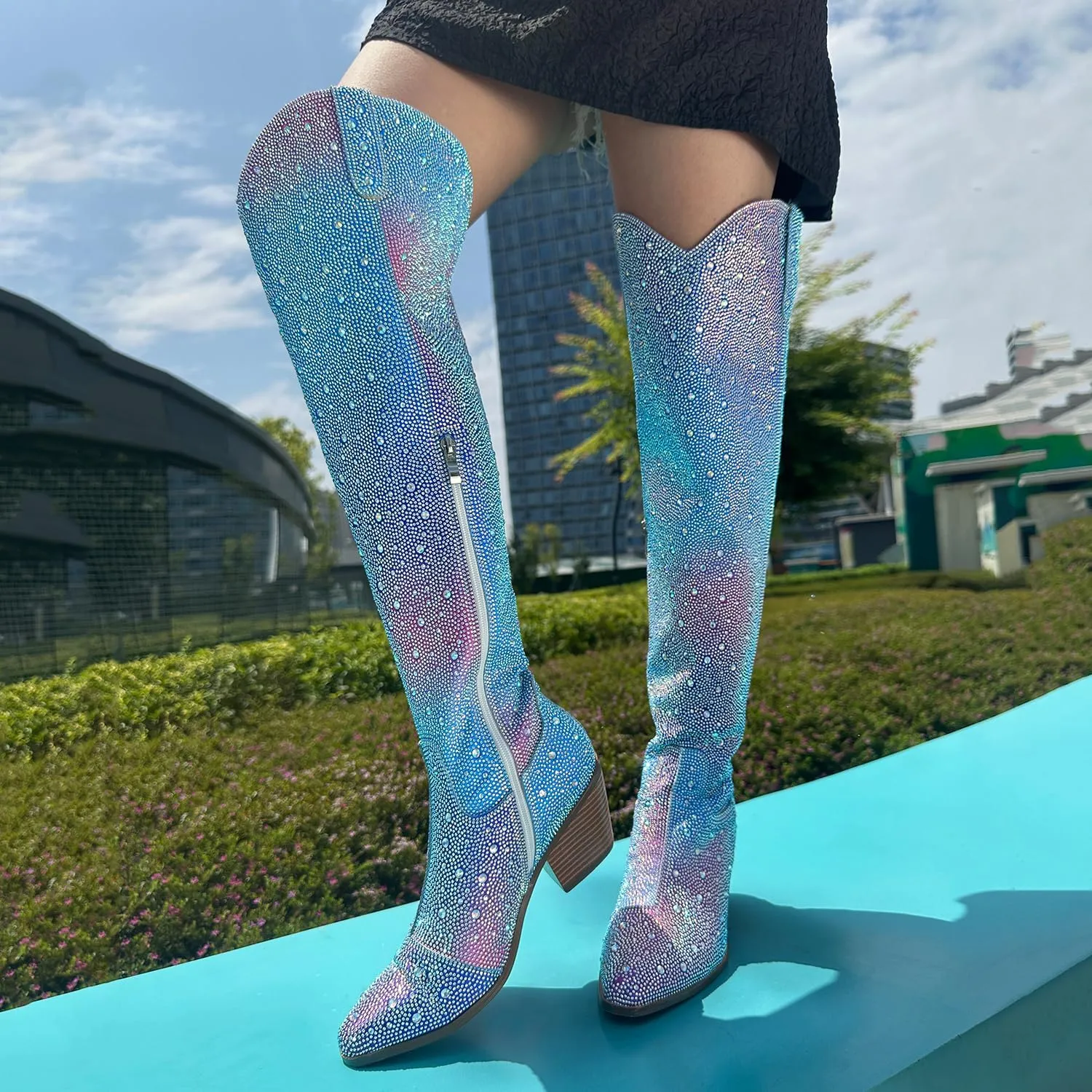 Women Rhinestone Over the Knee Cowboy Boots, Sparkly Bling Cowgirl Boots Western Thigh High Boots Pull-On Side Zippers Chunky Heel Pointed Toe Size5-12 For Fashion&Daily