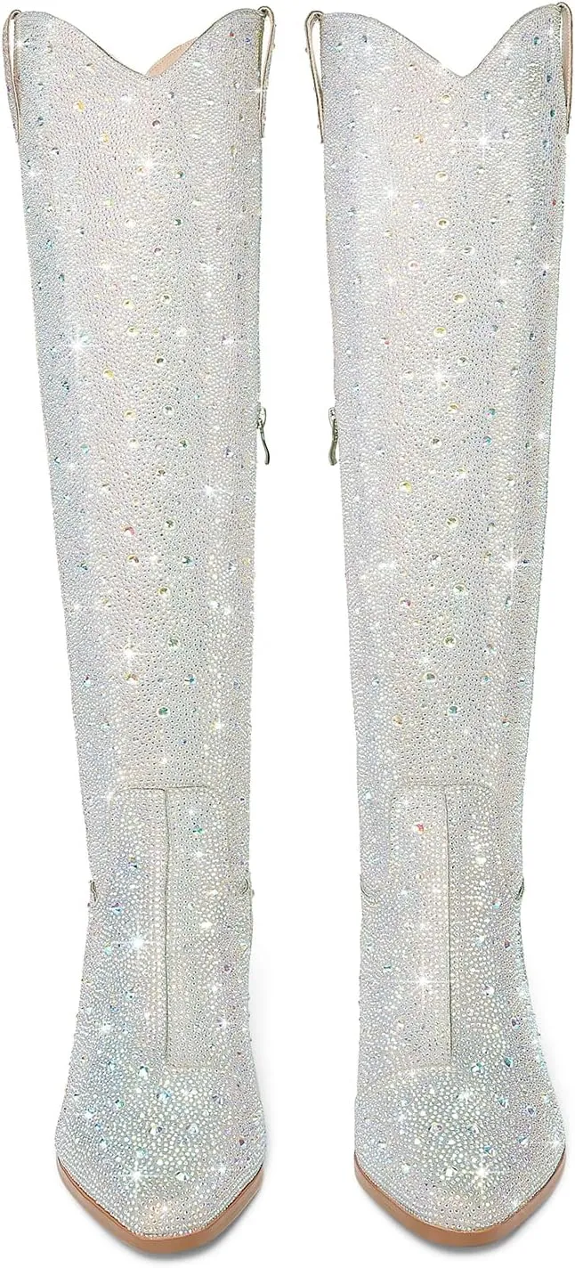 Women Rhinestone Over the Knee Cowboy Boots, Sparkly Bling Cowgirl Boots Western Thigh High Boots Pull-On Side Zippers Chunky Heel Pointed Toe Size5-12 For Fashion&Daily