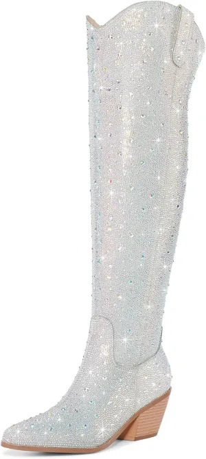 Women Rhinestone Over the Knee Cowboy Boots, Sparkly Bling Cowgirl Boots Western Thigh High Boots Pull-On Side Zippers Chunky Heel Pointed Toe Size5-12 For Fashion&Daily