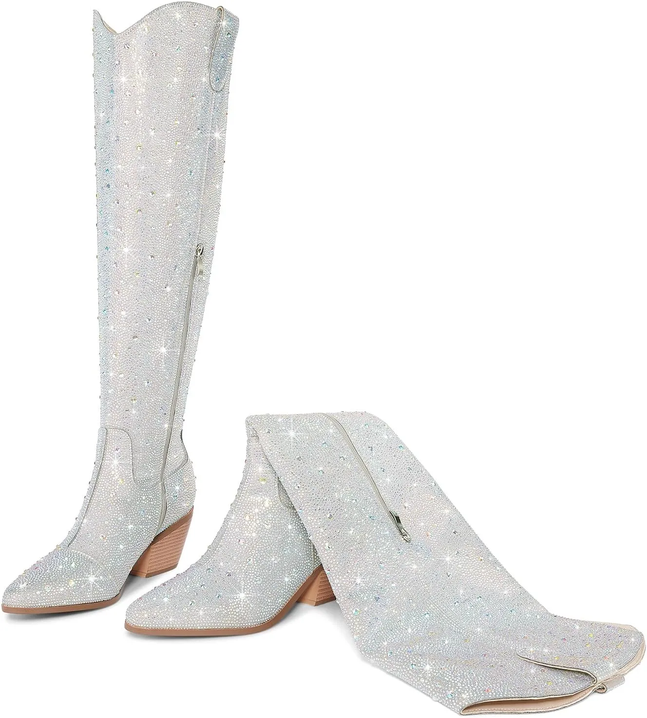 Women Rhinestone Over the Knee Cowboy Boots, Sparkly Bling Cowgirl Boots Western Thigh High Boots Pull-On Side Zippers Chunky Heel Pointed Toe Size5-12 For Fashion&Daily