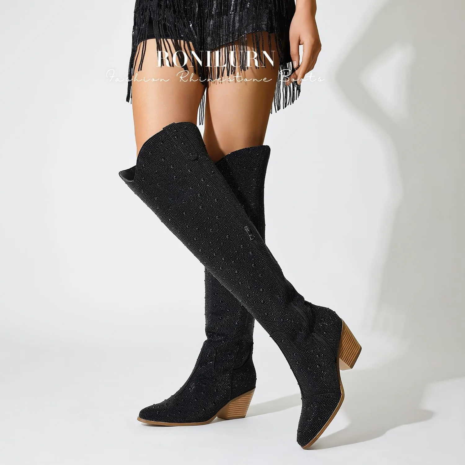 Women Rhinestone Over the Knee Cowboy Boots, Sparkly Bling Cowgirl Boots Western Thigh High Boots Pull-On Side Zippers Chunky Heel Pointed Toe Size5-12 For Fashion&Daily