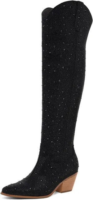 Women Rhinestone Over the Knee Cowboy Boots, Sparkly Bling Cowgirl Boots Western Thigh High Boots Pull-On Side Zippers Chunky Heel Pointed Toe Size5-12 For Fashion&Daily