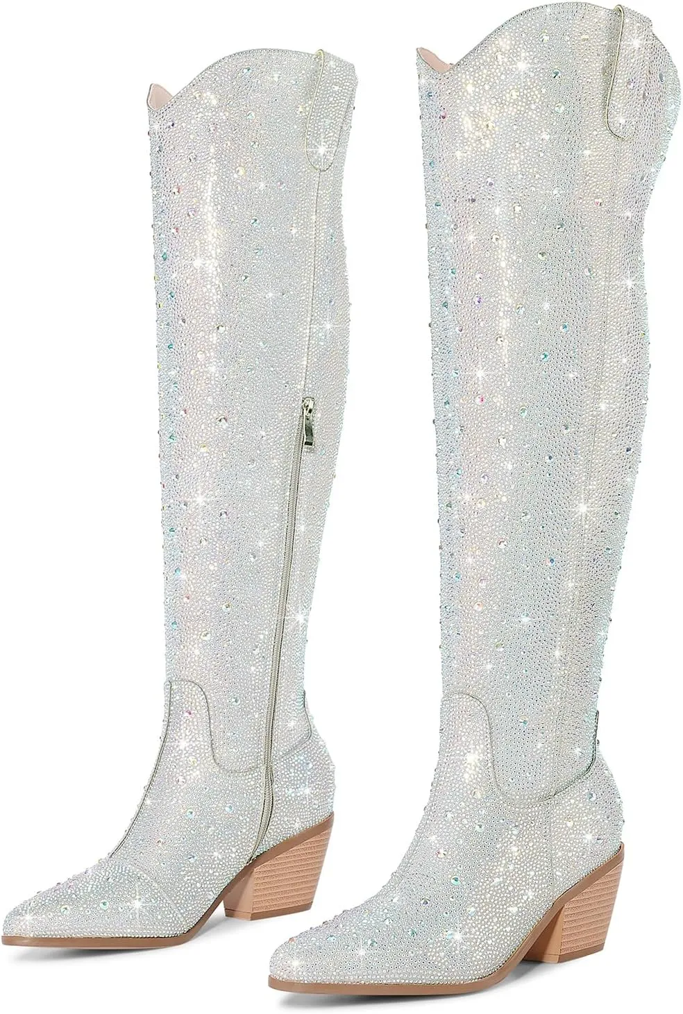 Women Rhinestone Over the Knee Cowboy Boots, Sparkly Bling Cowgirl Boots Western Thigh High Boots Pull-On Side Zippers Chunky Heel Pointed Toe Size5-12 For Fashion&Daily
