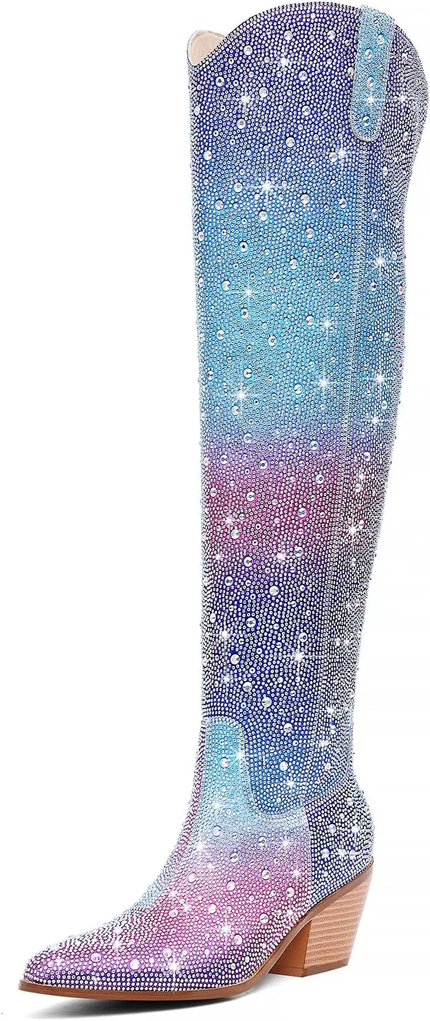 Women Rhinestone Over the Knee Cowboy Boots, Sparkly Bling Cowgirl Boots Western Thigh High Boots Pull-On Side Zippers Chunky Heel Pointed Toe Size5-12 For Fashion&Daily