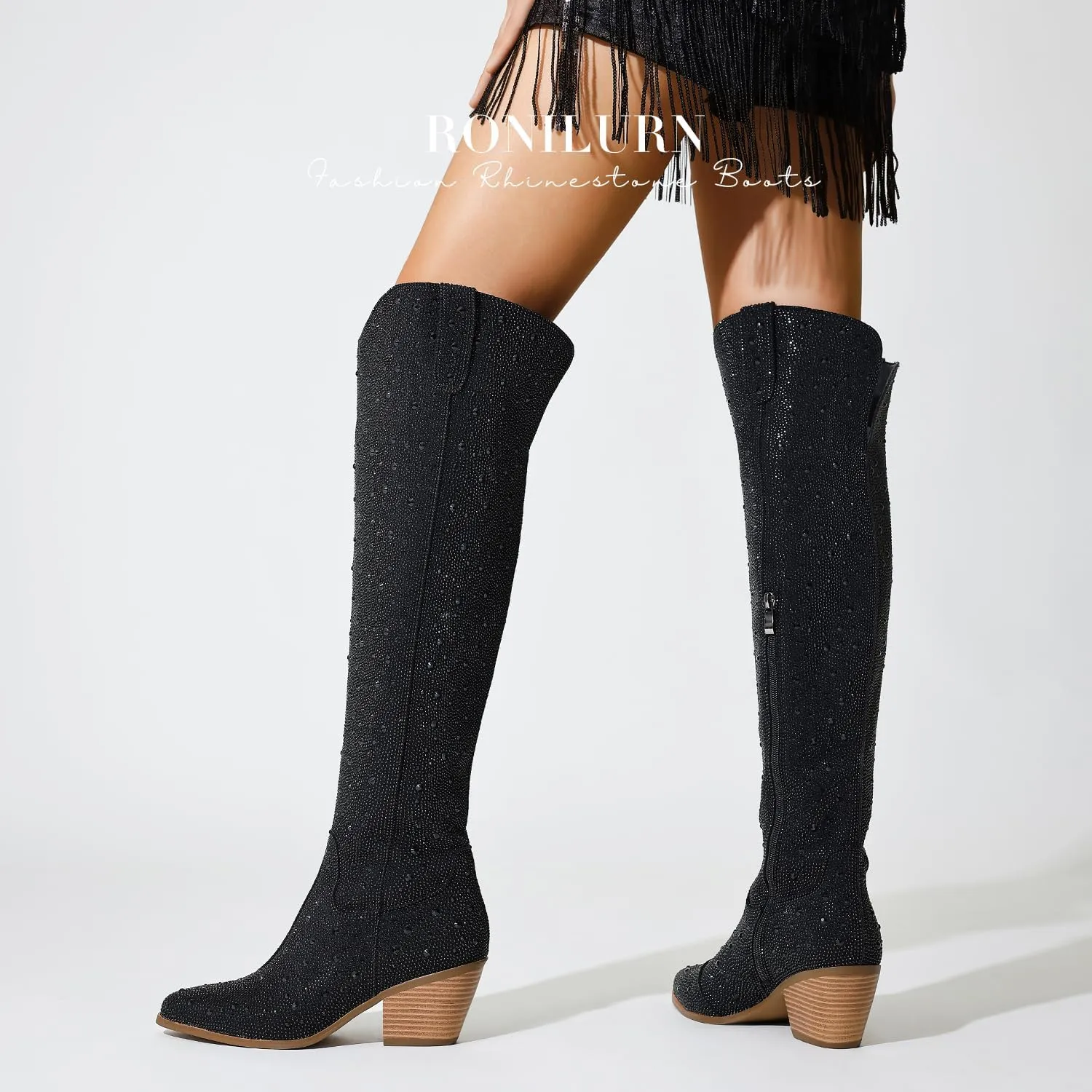 Women Rhinestone Over the Knee Cowboy Boots, Sparkly Bling Cowgirl Boots Western Thigh High Boots Pull-On Side Zippers Chunky Heel Pointed Toe Size5-12 For Fashion&Daily