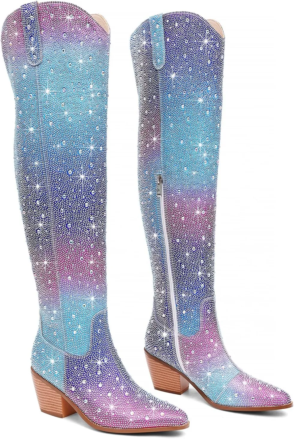 Women Rhinestone Over the Knee Cowboy Boots, Sparkly Bling Cowgirl Boots Western Thigh High Boots Pull-On Side Zippers Chunky Heel Pointed Toe Size5-12 For Fashion&Daily