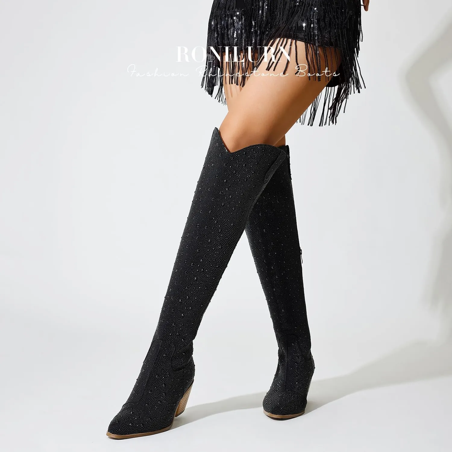 Women Rhinestone Over the Knee Cowboy Boots, Sparkly Bling Cowgirl Boots Western Thigh High Boots Pull-On Side Zippers Chunky Heel Pointed Toe Size5-12 For Fashion&Daily