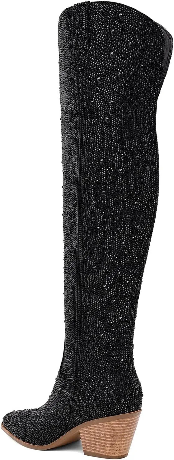 Women Rhinestone Over the Knee Cowboy Boots, Sparkly Bling Cowgirl Boots Western Thigh High Boots Pull-On Side Zippers Chunky Heel Pointed Toe Size5-12 For Fashion&Daily