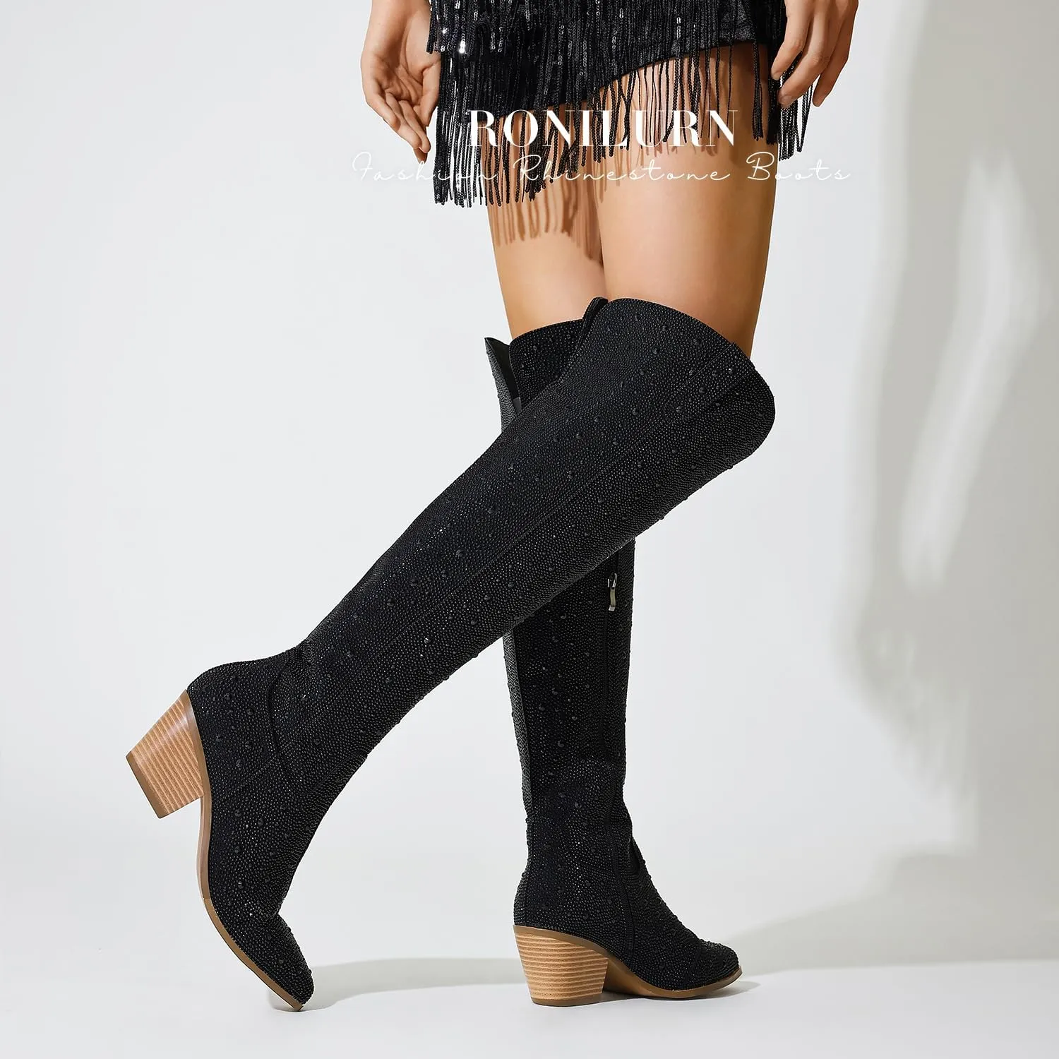 Women Rhinestone Over the Knee Cowboy Boots, Sparkly Bling Cowgirl Boots Western Thigh High Boots Pull-On Side Zippers Chunky Heel Pointed Toe Size5-12 For Fashion&Daily
