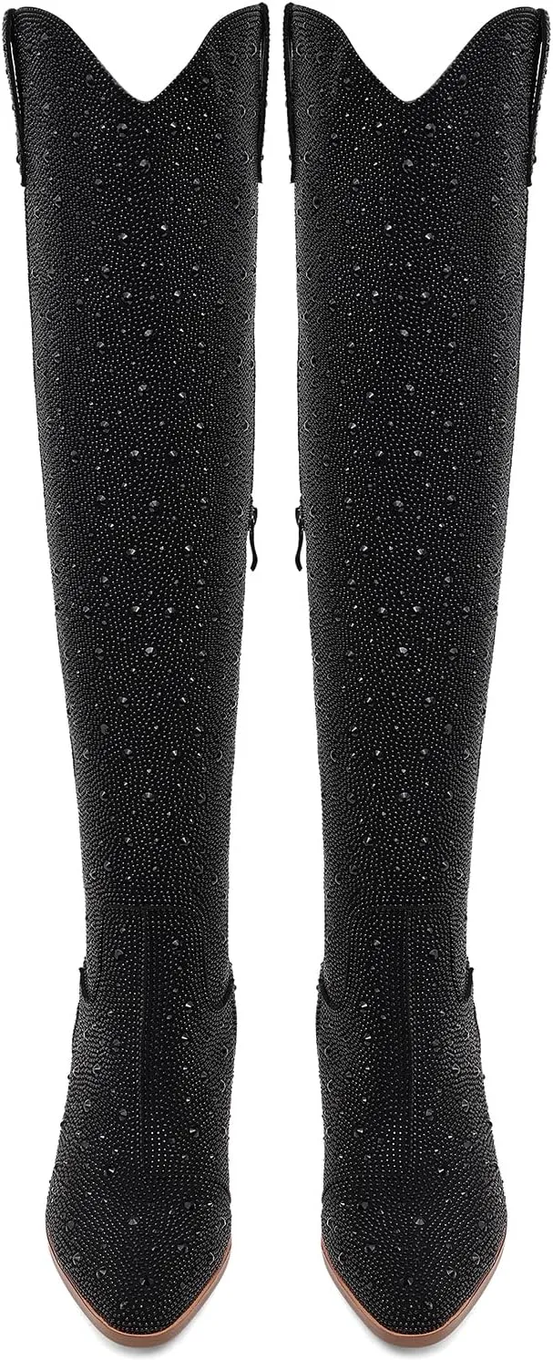 Women Rhinestone Over the Knee Cowboy Boots, Sparkly Bling Cowgirl Boots Western Thigh High Boots Pull-On Side Zippers Chunky Heel Pointed Toe Size5-12 For Fashion&Daily