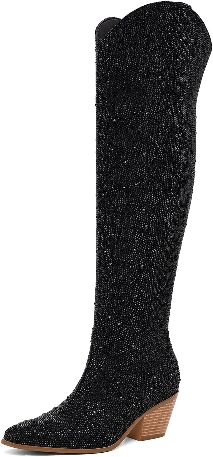 Women Rhinestone Over the Knee Cowboy Boots, Sparkly Bling Cowgirl Boots Western Thigh High Boots Pull-On Side Zippers Chunky Heel Pointed Toe Size5-12 For Fashion&Daily