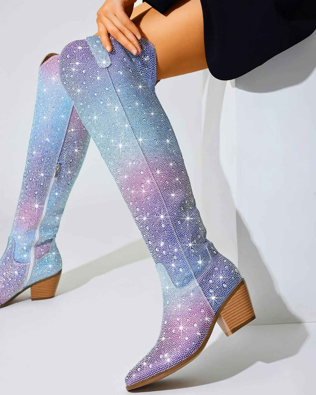 Women Rhinestone Over the Knee Cowboy Boots, Sparkly Bling Cowgirl Boots Western Thigh High Boots Pull-On Side Zippers Chunky Heel Pointed Toe Size5-12 For Fashion&Daily