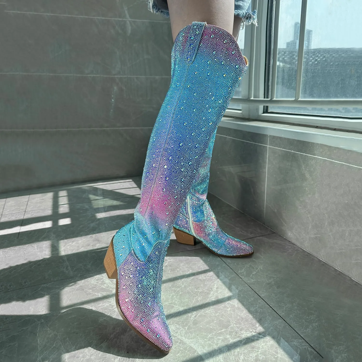 Women Rhinestone Over the Knee Cowboy Boots, Sparkly Bling Cowgirl Boots Western Thigh High Boots Pull-On Side Zippers Chunky Heel Pointed Toe Size5-12 For Fashion&Daily