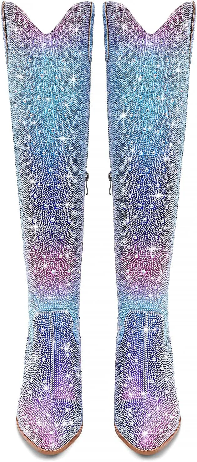 Women Rhinestone Over the Knee Cowboy Boots, Sparkly Bling Cowgirl Boots Western Thigh High Boots Pull-On Side Zippers Chunky Heel Pointed Toe Size5-12 For Fashion&Daily
