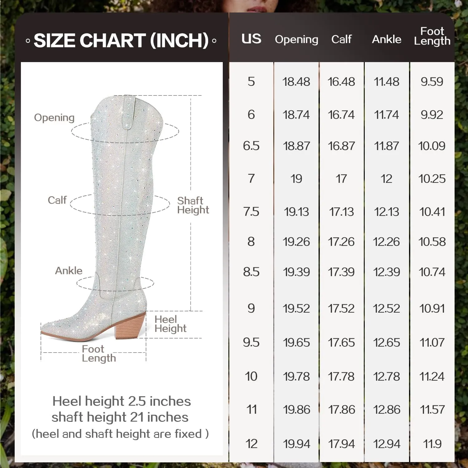 Women Rhinestone Over the Knee Cowboy Boots, Sparkly Bling Cowgirl Boots Western Thigh High Boots Pull-On Side Zippers Chunky Heel Pointed Toe Size5-12 For Fashion&Daily