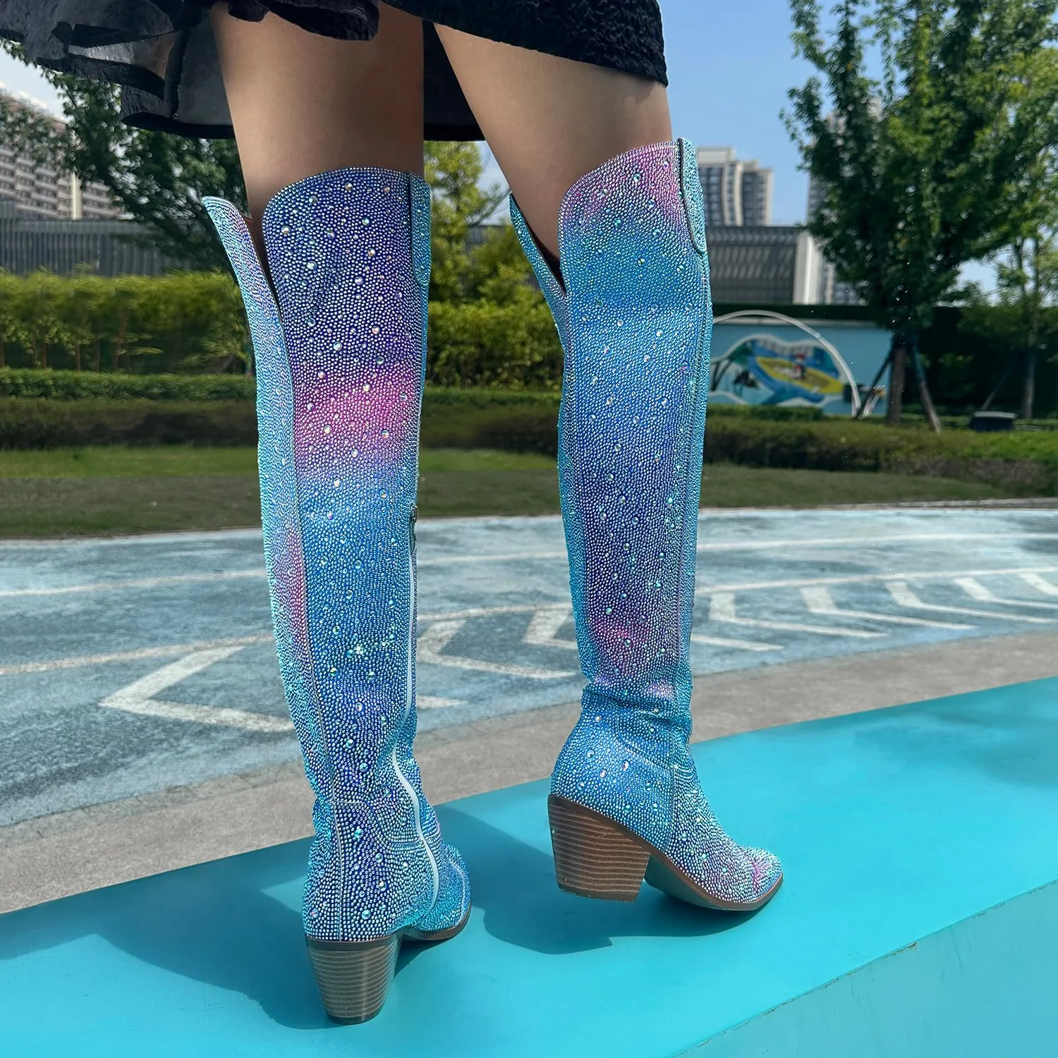 Women Rhinestone Over the Knee Cowboy Boots, Sparkly Bling Cowgirl Boots Western Thigh High Boots Pull-On Side Zippers Chunky Heel Pointed Toe Size5-12 For Fashion&Daily