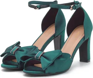 Women Satin Heeled Sandals with Bows Open Round Toe 3 Inch Chunky Block High Heels Dress Sandals Buckled Ankle Strap Peep Toe Vintage Dressy Bridal Wedding Party Office Summer Shoe 4-11 M US