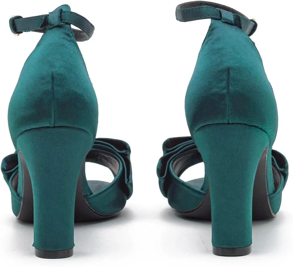 Women Satin Heeled Sandals with Bows Open Round Toe 3 Inch Chunky Block High Heels Dress Sandals Buckled Ankle Strap Peep Toe Vintage Dressy Bridal Wedding Party Office Summer Shoe 4-11 M US