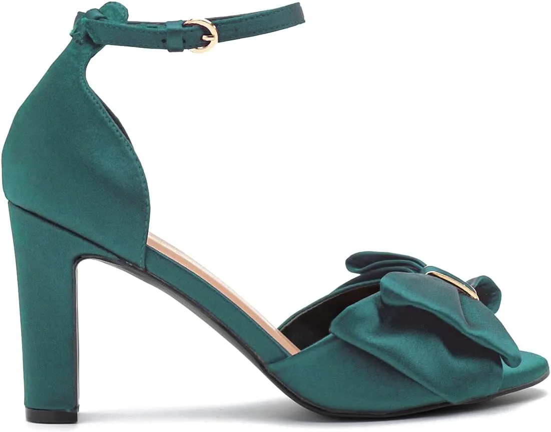 Women Satin Heeled Sandals with Bows Open Round Toe 3 Inch Chunky Block High Heels Dress Sandals Buckled Ankle Strap Peep Toe Vintage Dressy Bridal Wedding Party Office Summer Shoe 4-11 M US