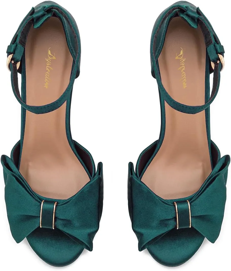 Women Satin Heeled Sandals with Bows Open Round Toe 3 Inch Chunky Block High Heels Dress Sandals Buckled Ankle Strap Peep Toe Vintage Dressy Bridal Wedding Party Office Summer Shoe 4-11 M US