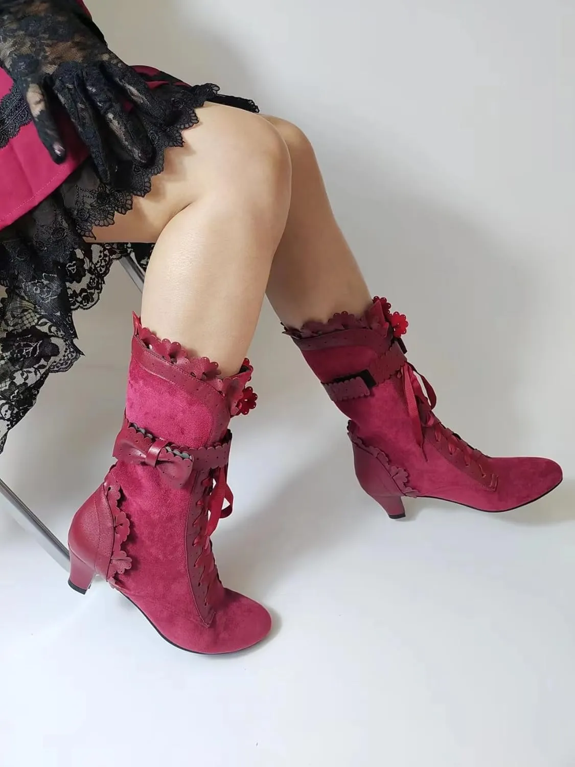 Women Sweet Bow-knot Boots Mid Heels Lace Up Medieval Renaissance Victorian Boots Cosplay Mid-Calf Kawaii Boot with Ruffles