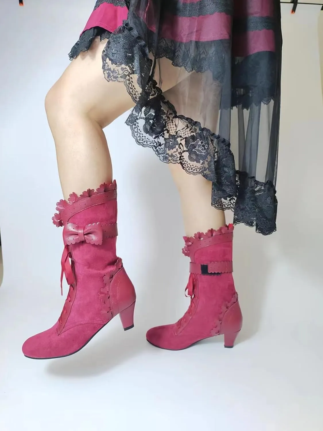 Women Sweet Bow-knot Boots Mid Heels Lace Up Medieval Renaissance Victorian Boots Cosplay Mid-Calf Kawaii Boot with Ruffles
