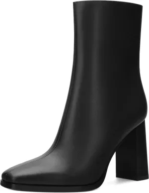 Womens Ankle Boots, Square Toe High Heel Short Boots for Women, Fashion Chunky Heel Mid Calf Boots with Side Zipper 3.5 In
