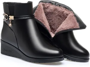 Women's Black Wedge Heel Ankle Booties Soft Leather Platform Side Zipper Sparkling Rhinestones Winter Warm Fur Lined Thickening Snow Boot
