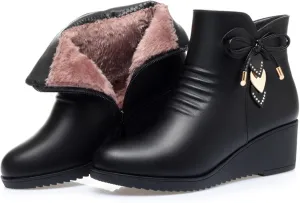 Women's Black Wedge Heel Ankle Booties Soft Leather Platform Side Zipper Sparkling Rhinestones Winter Warm Fur Lined Thickening Snow Boot