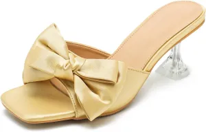Women's Bowknot Heeled Sandals Square Toe Satin Bow Heels Mules Slipper Slip on Wedding Bridal Dress Shoes