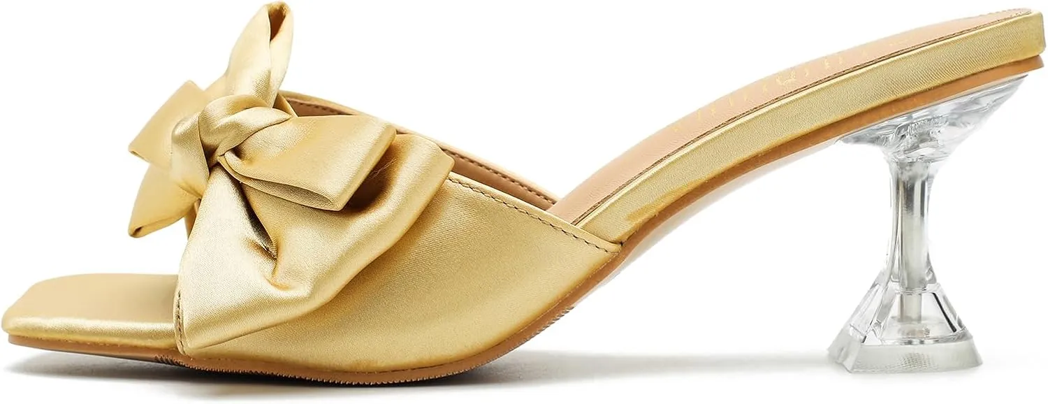 Women's Bowknot Heeled Sandals Square Toe Satin Bow Heels Mules Slipper Slip on Wedding Bridal Dress Shoes