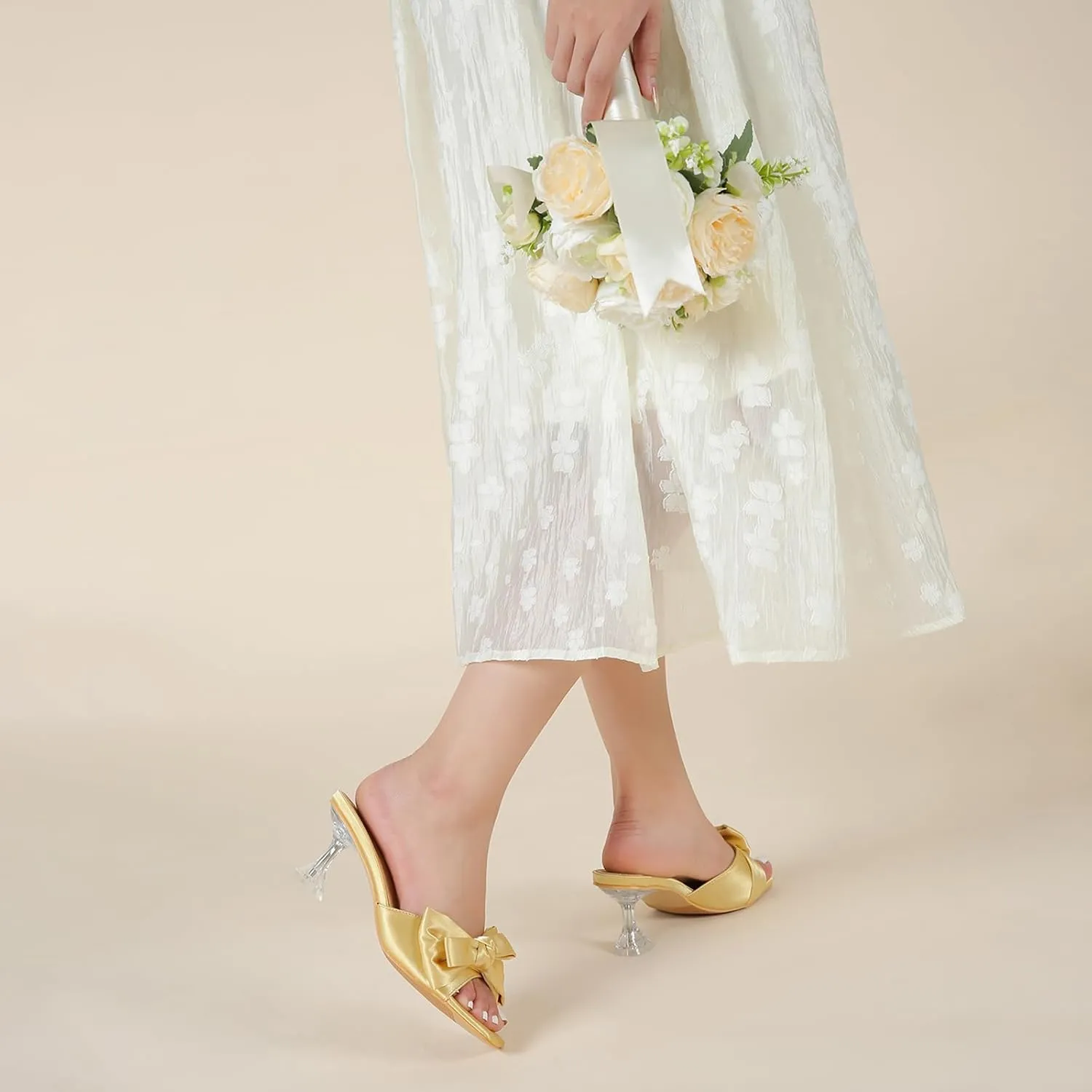 Women's Bowknot Heeled Sandals Square Toe Satin Bow Heels Mules Slipper Slip on Wedding Bridal Dress Shoes