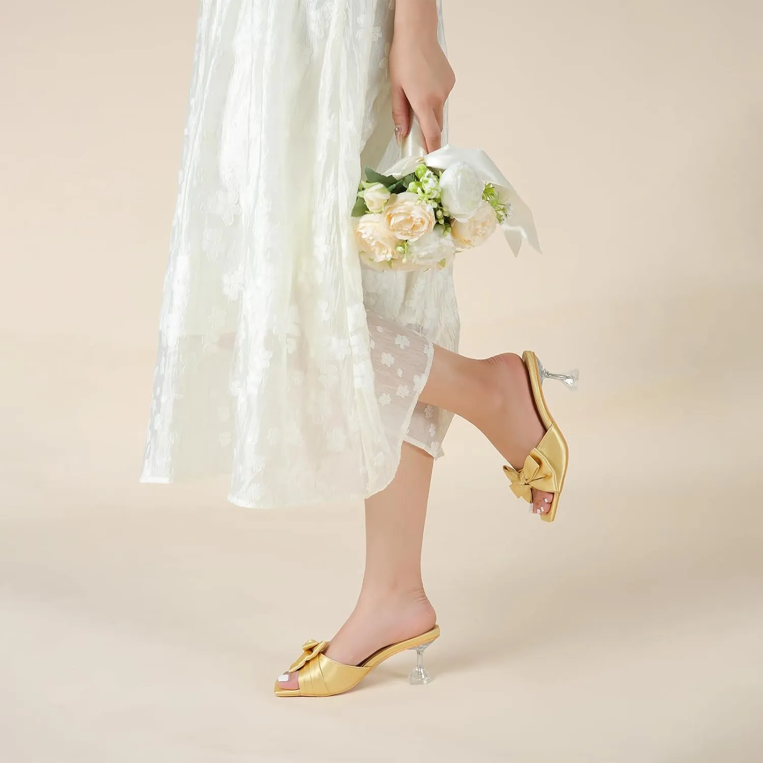 Women's Bowknot Heeled Sandals Square Toe Satin Bow Heels Mules Slipper Slip on Wedding Bridal Dress Shoes