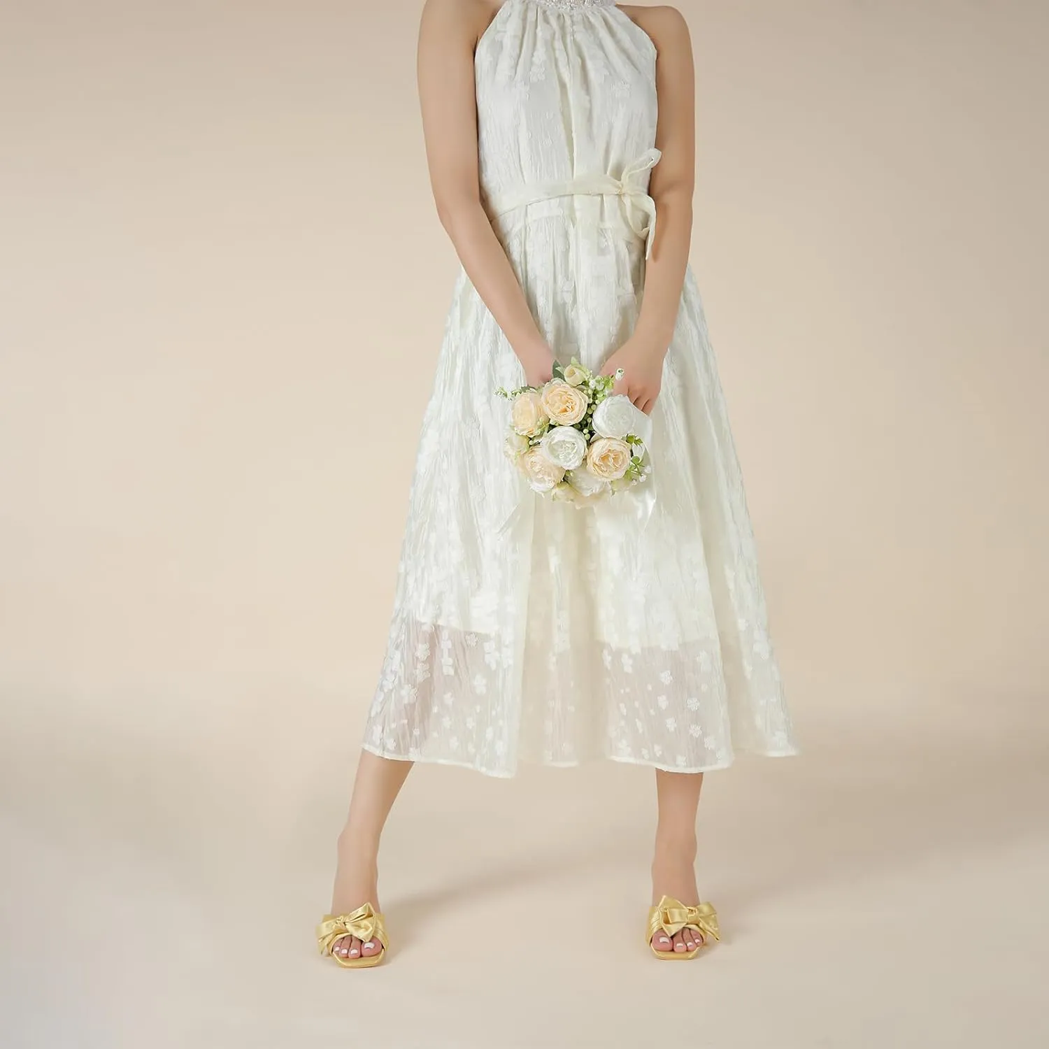 Women's Bowknot Heeled Sandals Square Toe Satin Bow Heels Mules Slipper Slip on Wedding Bridal Dress Shoes