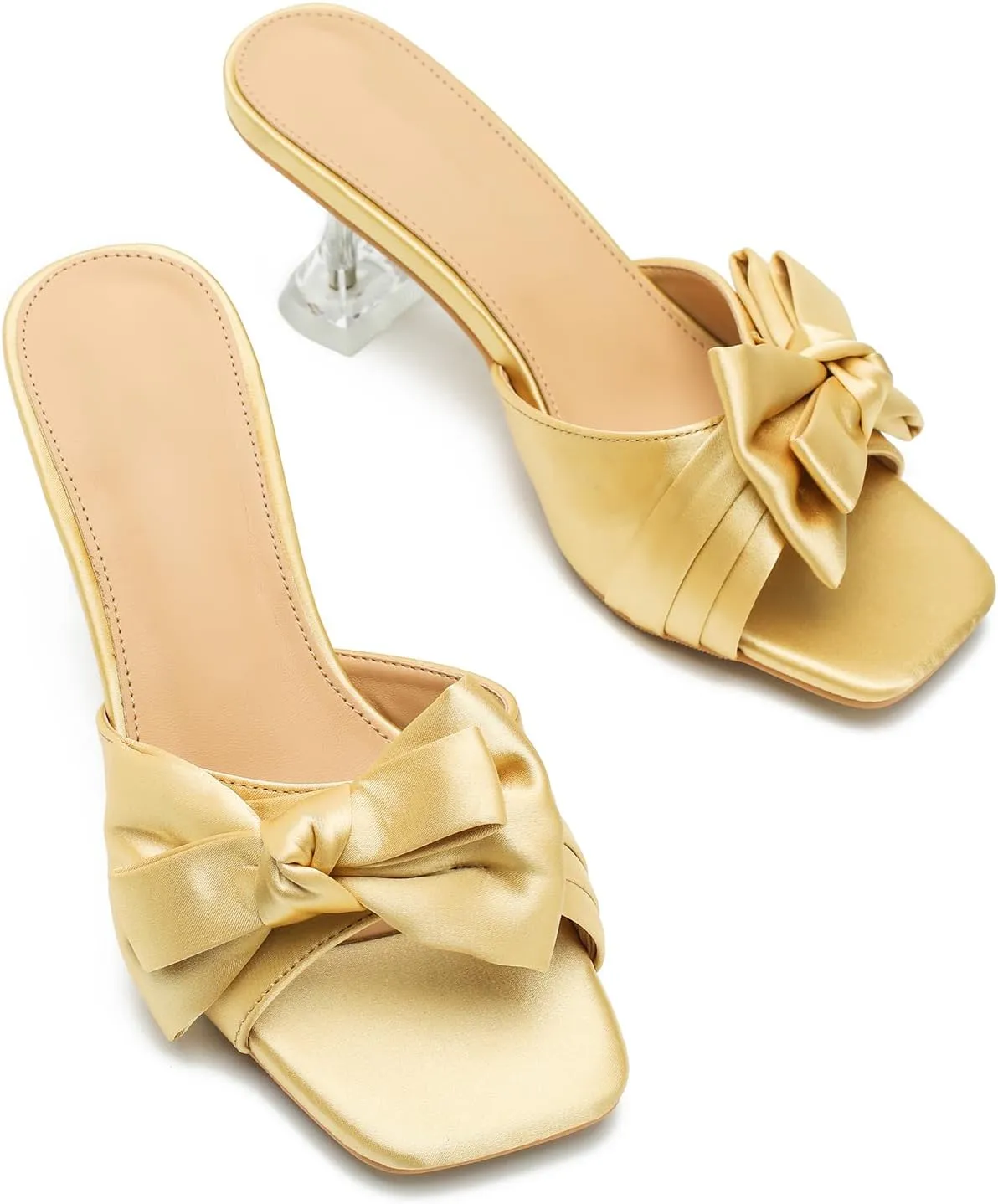 Women's Bowknot Heeled Sandals Square Toe Satin Bow Heels Mules Slipper Slip on Wedding Bridal Dress Shoes