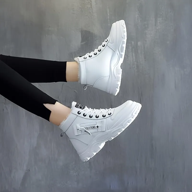 Women's Casual High Top Shoes, Winter Plush Lined Warm Shoes, Thick Soled Lace-up Sports Shoes