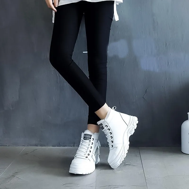 Women's Casual High Top Shoes, Winter Plush Lined Warm Shoes, Thick Soled Lace-up Sports Shoes